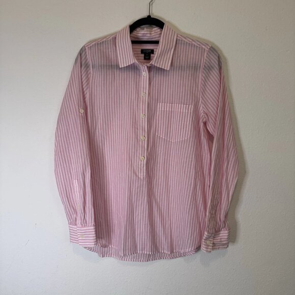 J.Crew Striped Long-Sleeve Stand Collar Half-Button-Down Pink-White Shirt - Picture 1 of 6